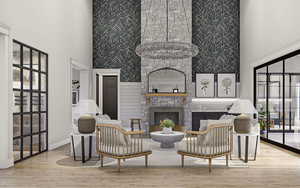 Living room with a stone fireplace, plenty of natural light, a towering ceiling, and wood finished floors
