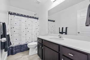 Full bath with wood finished floors, toilet, vanity, and a shower with curtain