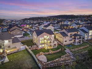 Aerial view at dusk of a residential view