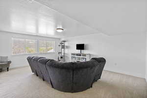 Living area featuring light carpet, baseboards, and a textured ceiling