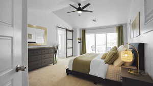 Bedroom featuring lofted ceiling, access to outside, a barn door, carpet floors, and a ceiling fan