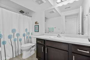 Bathroom with toilet, vanity, wood finished floors, and a shower with curtain