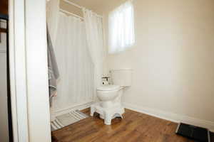 Full bathroom featuring baseboards, toilet, wood finished floors, and curtained shower