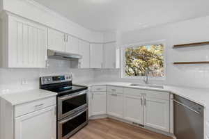Kitchen with a sink, visible vents, backsplash, under cabinet range hood, and appliances with stainless steel finishes