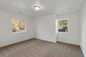 Unfurnished room with a textured ceiling, visible vents, baseboards, and carpet floors
