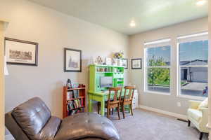 Office space with light colored carpet, baseboards, and recessed lighting