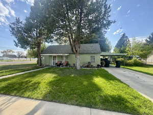 View of front of property featuring concrete driveway, a front lawn, and a carport