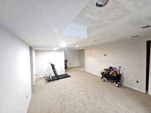 Exercise area with carpet flooring, a textured ceiling, and baseboards