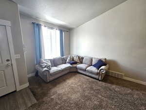 Living room featuring a textured ceiling, baseboards, and carpet
