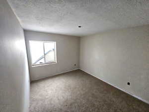 Unfurnished room with carpet flooring, a textured ceiling, and baseboards