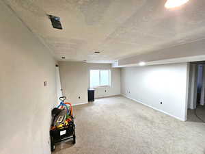 Below grade area with a textured ceiling, carpet, and baseboards