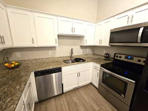 Kitchen featuring stainless steel appliances, a sink, white cabinetry, and wood finished floors