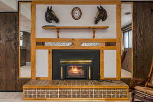 Detailed view of a lit fireplace
