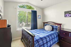 Bedroom featuring lofted ceiling, carpet, and baseboards