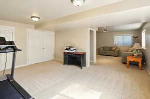 Large basement family room with basement walkout to backyard.