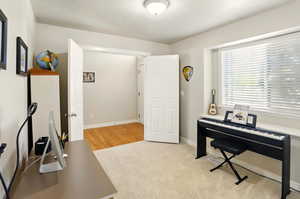 Bedroom or office with baseboards and carpet flooring
