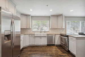 Kitchen featuring appliances with stainless steel finishes, a sink, plenty of natural light, dark wood-style floors, and recessed lighting