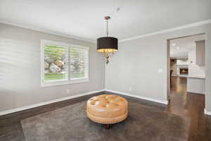 Sitting room with ornamental molding, dark wood-type flooring, baseboards, and a lit fireplace