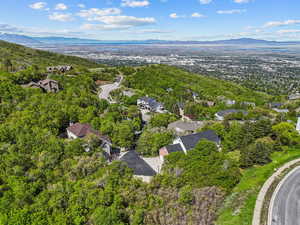 Aerial view of residential area with a mountain backdrop