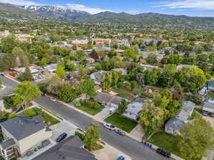 Aerial perspective of suburban area with a mountain backdrop