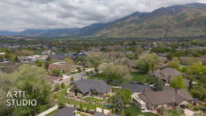 Aerial perspective of suburban area with mountains