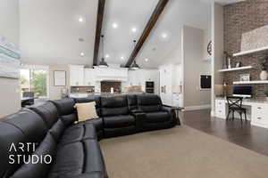 Living area with dark wood-style flooring, high vaulted ceiling, beam ceiling, an office area, and recessed lighting