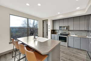 Kitchen with appliances with stainless steel finishes, a sink, gray cabinetry, recessed lighting, and light wood finished floors