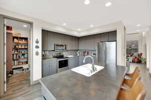 Kitchen featuring stainless steel appliances, a sink, gray cabinets, light wood-type flooring, and recessed lighting
