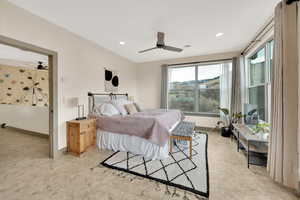 Bedroom with baseboards, a ceiling fan, and recessed lighting