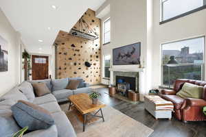 Living area featuring a towering ceiling, wood finished floors, recessed lighting, and a wood stove