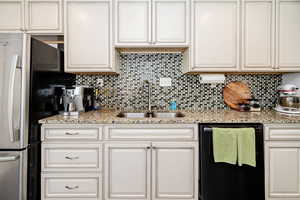 Kitchen featuring black dishwasher, a sink, tasteful backsplash, and white cabinets
