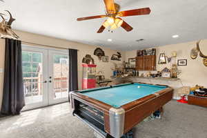 Rec room with carpet floors, billiards, french doors, ceiling fan, and recessed lighting