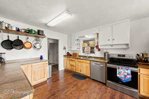 Kitchen with appliances with stainless steel finishes, open shelves, a sink, and dark wood finished floors