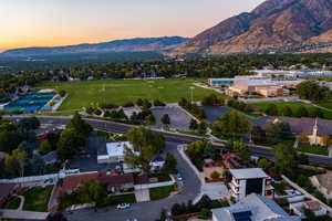 Aerial view at dusk with a mountain view