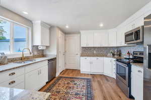 Kitchen with appliances with stainless steel finishes, a sink, light wood finished floors, tasteful backsplash, and white cabinetry