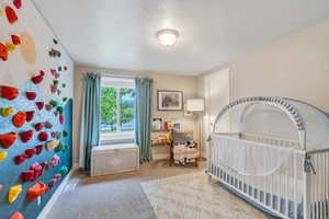 Carpeted bedroom featuring a textured ceiling and baseboards