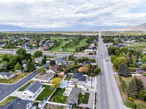 Aerial view of residential area with mountains