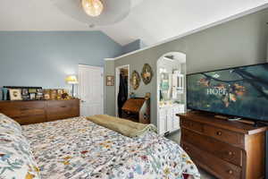 Bedroom featuring arched walkways, lofted ceiling, a sink, a spacious closet, and connected bathroom