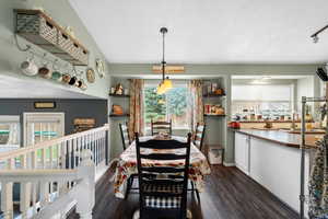 Dining area with dark wood-style floors, plenty of natural light, and a textured ceiling