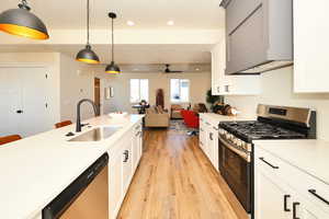 Kitchen featuring a sink, appliances with stainless steel finishes, light wood finished floors, a ceiling fan, and pendant lighting