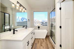 Bathroom with wood finished floors, a stall shower, double vanity, a freestanding bath, and a textured ceiling