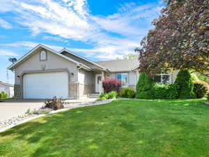 Single story home featuring stucco siding, concrete driveway, a front yard, an attached garage, and brick siding