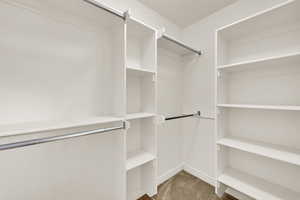Walk in closet with carpet floors