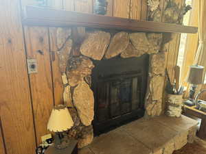 Detailed view of a stone fireplace