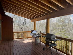 Covered deck featuring view of wooded lot and a grill