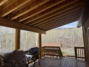 Deck featuring area for grilling and a view of nothing but trees- looking to the east