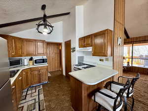 Kitchen featuring high vaulted ceiling