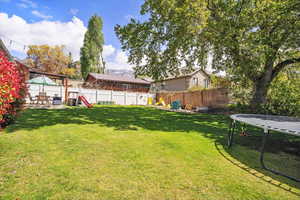 View of yard with a trampoline and a playground