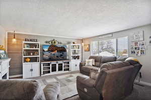 Living area with carpet floors, wood walls, baseboards, a textured ceiling, and a fireplace