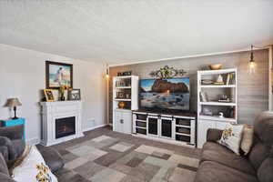 Living room featuring carpet flooring, a textured ceiling, a glass covered fireplace, and wooden walls